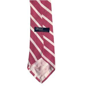 Polo By Ralph Lauren 58” Pink White Striped Tie Handmade USA 100% Cotton Classic
